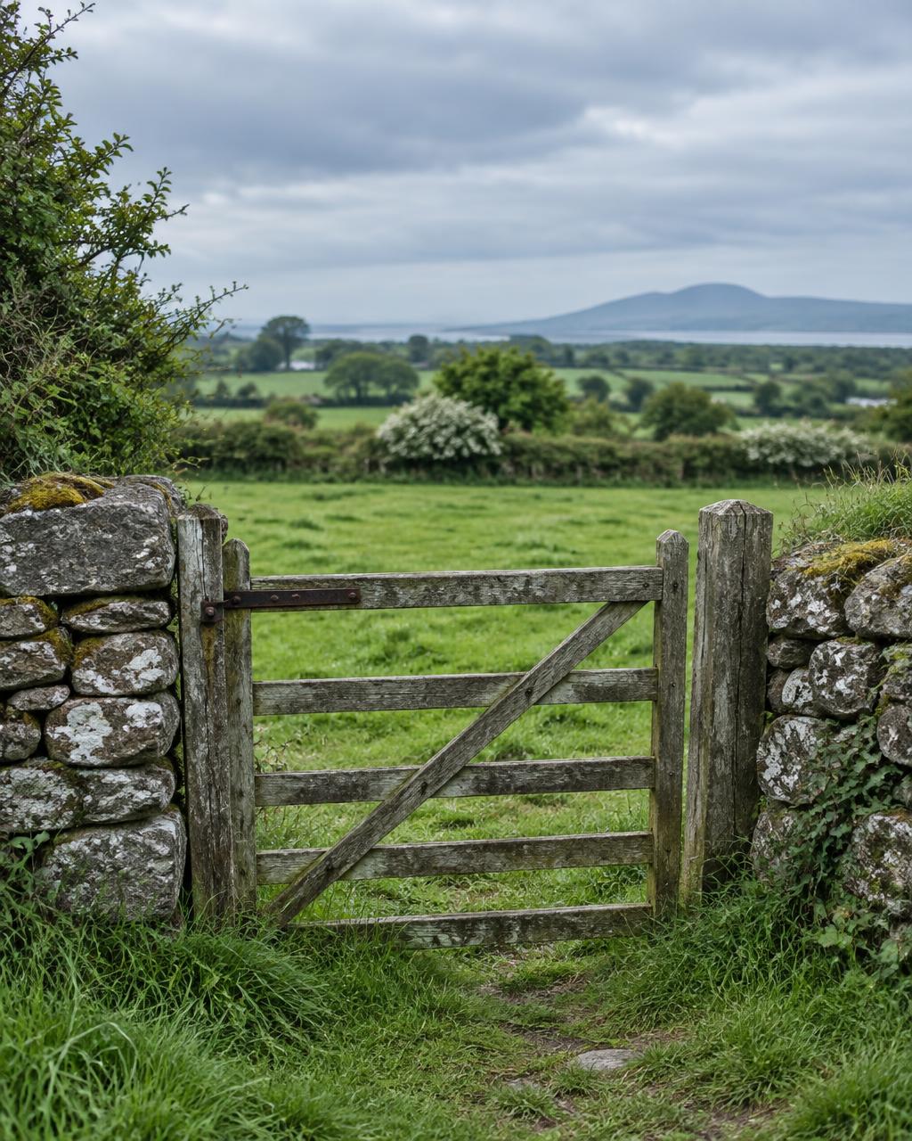 A weathered wooden gate in a dry stone wall opening onto a green Irish pasture