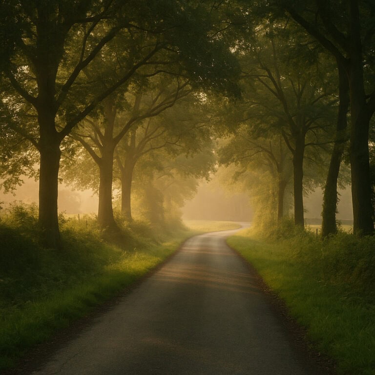 A quiet country road curves through tall trees at dawn, with golden light filtering through the mist — symbolising clarity, direction, and new beginnings.