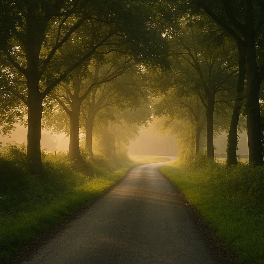 A quiet country road curves through tall trees at dawn, with golden light filtering through the mist — symbolising clarity, direction, and new beginnings.